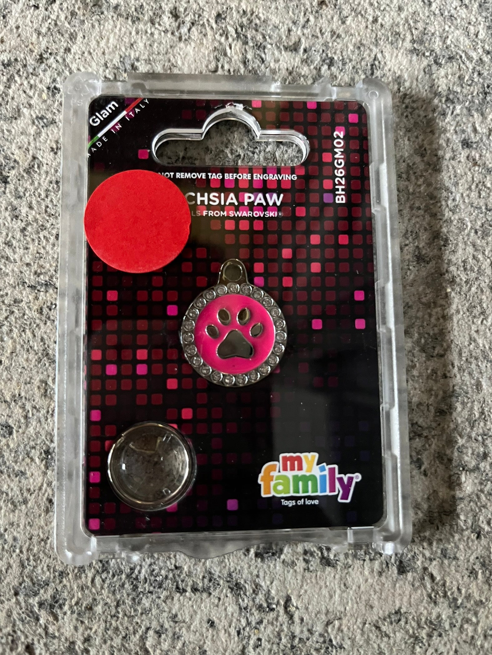 Medaglietta per cane o gatto rosa con zampa e strass